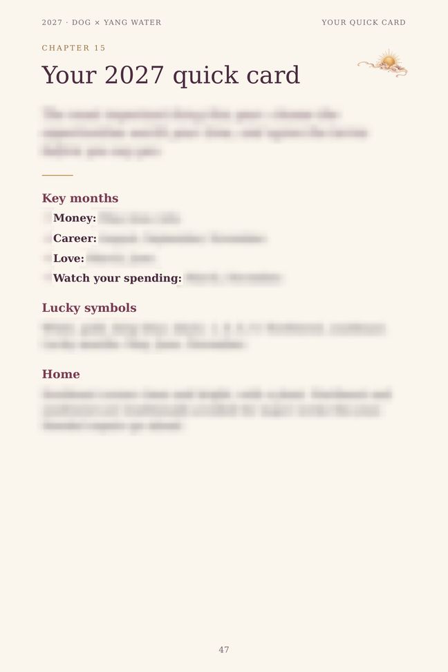 Dog 2027 guide sample page: Your 2027 quick card (details blurred)