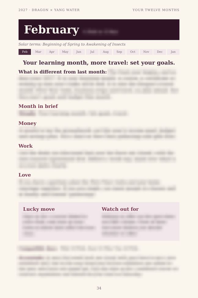 Dragon 2027 guide sample page: One page for every month (details blurred)