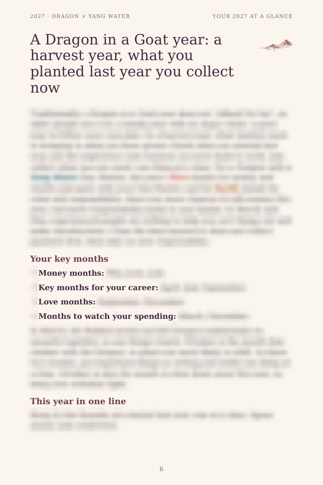 Dragon 2027 guide sample page: Your 2027 at a glance (details blurred)