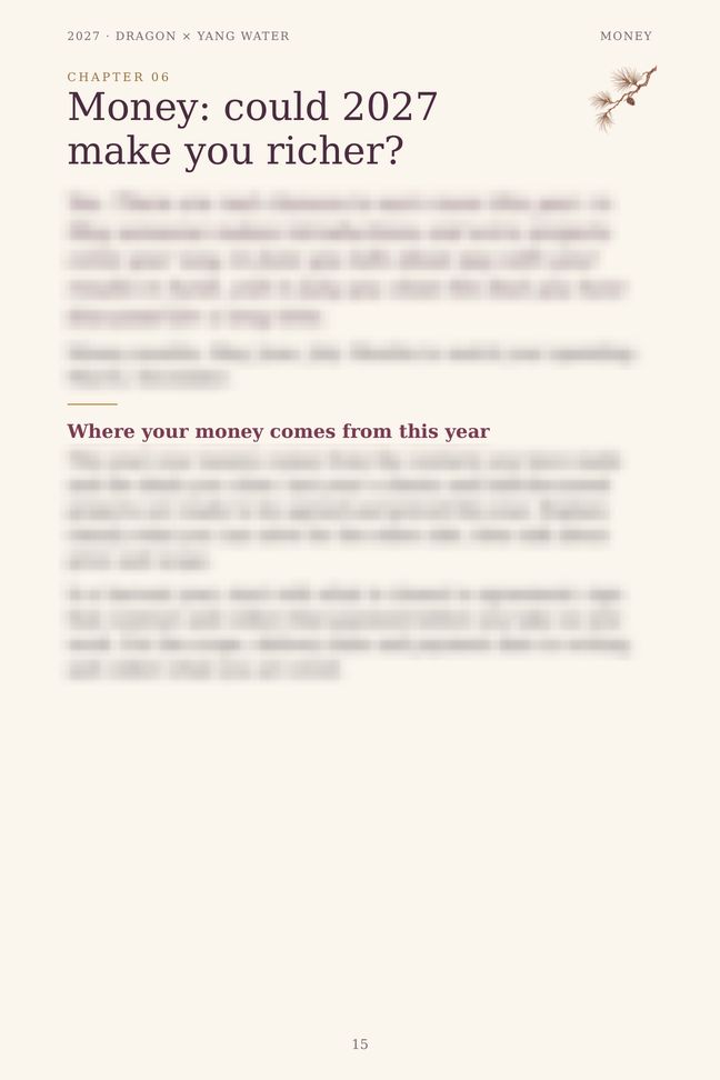 Dragon 2027 guide sample page: Money: could 2027 make you richer? (details blurred)