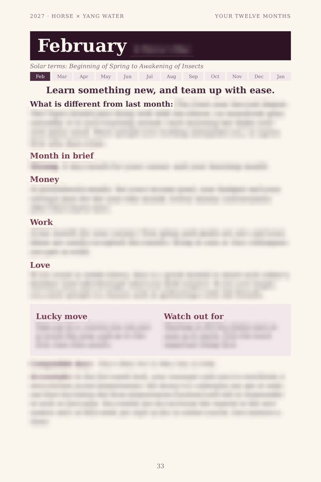 Horse 2027 guide sample page: One page for every month (details blurred)