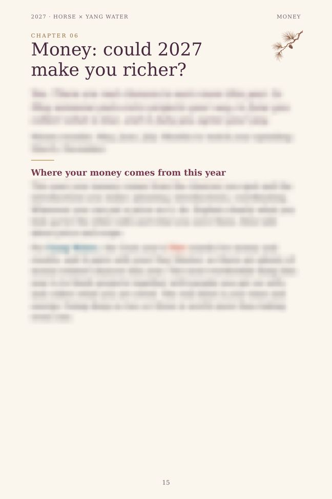 Horse 2027 guide sample page: Money: could 2027 make you richer? (details blurred)