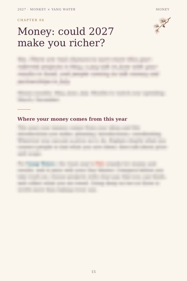 Monkey 2027 guide sample page: Money: could 2027 make you richer? (details blurred)