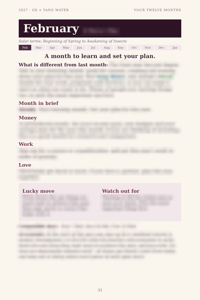 Ox 2027 guide sample page: One page for every month (details blurred)