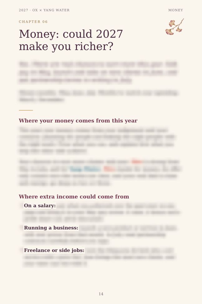 Ox 2027 guide sample page: Money: could 2027 make you richer? (details blurred)