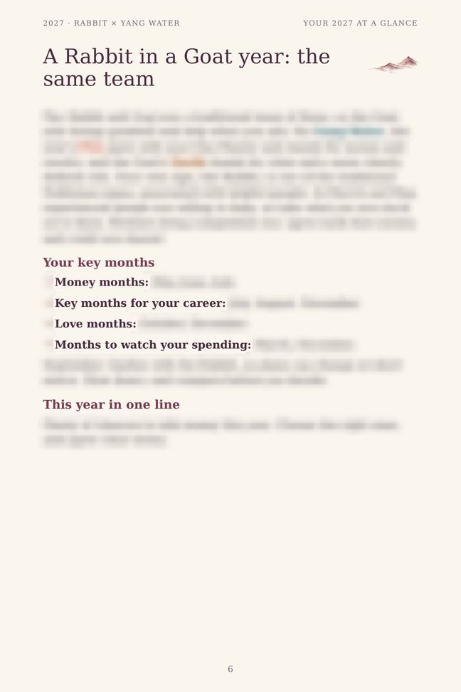 Rabbit 2027 guide sample page: Your 2027 at a glance (details blurred)