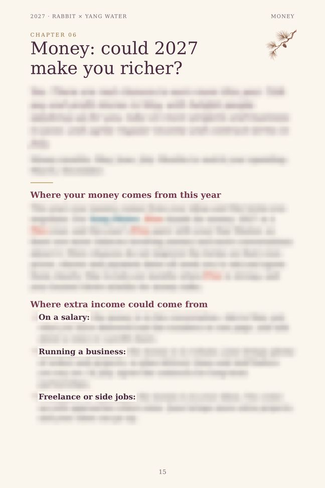 Rabbit 2027 guide sample page: Money: could 2027 make you richer? (details blurred)