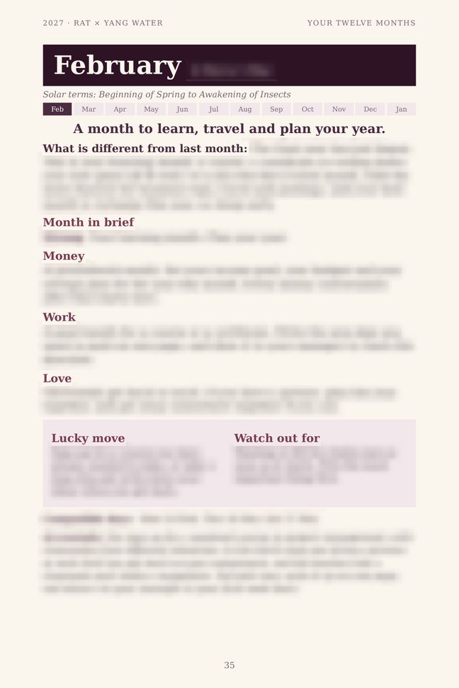 Rat 2027 guide sample page: One page for every month (details blurred)