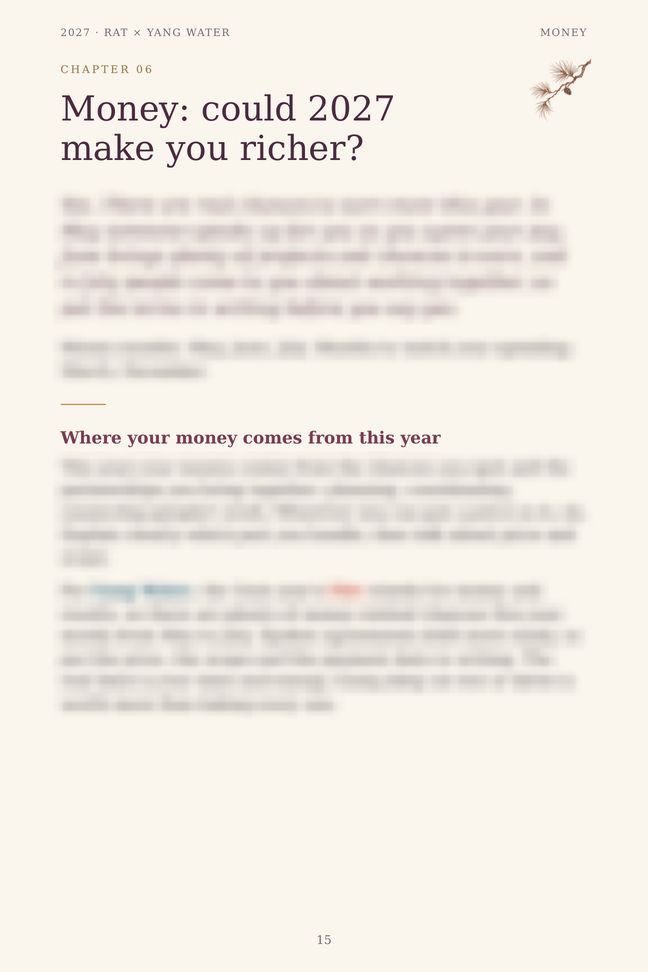 Rat 2027 guide sample page: Money: could 2027 make you richer? (details blurred)