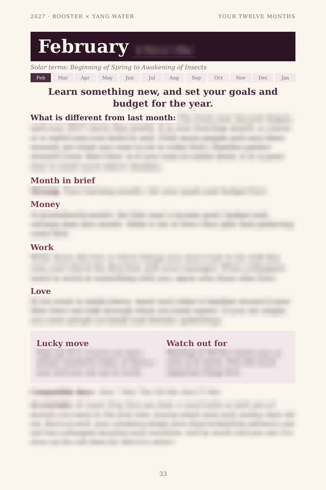 Rooster 2027 guide sample page: One page for every month (details blurred)