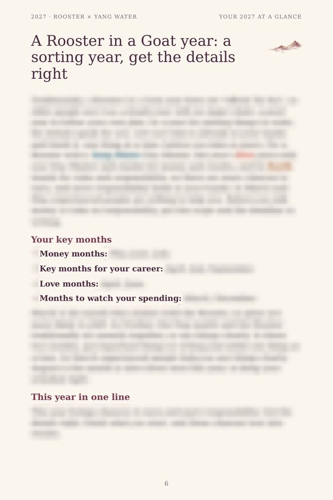 Rooster 2027 guide sample page: Your 2027 at a glance (details blurred)