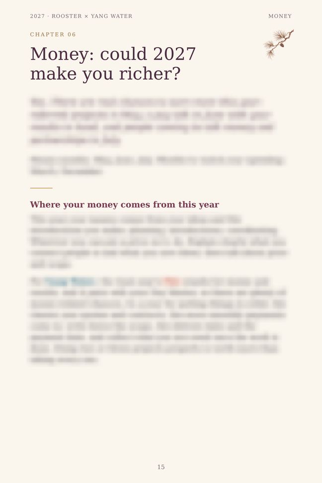 Rooster 2027 guide sample page: Money: could 2027 make you richer? (details blurred)