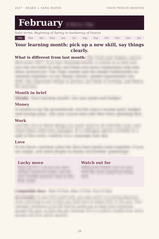 Snake 2027 guide sample page: One page for every month (details blurred)