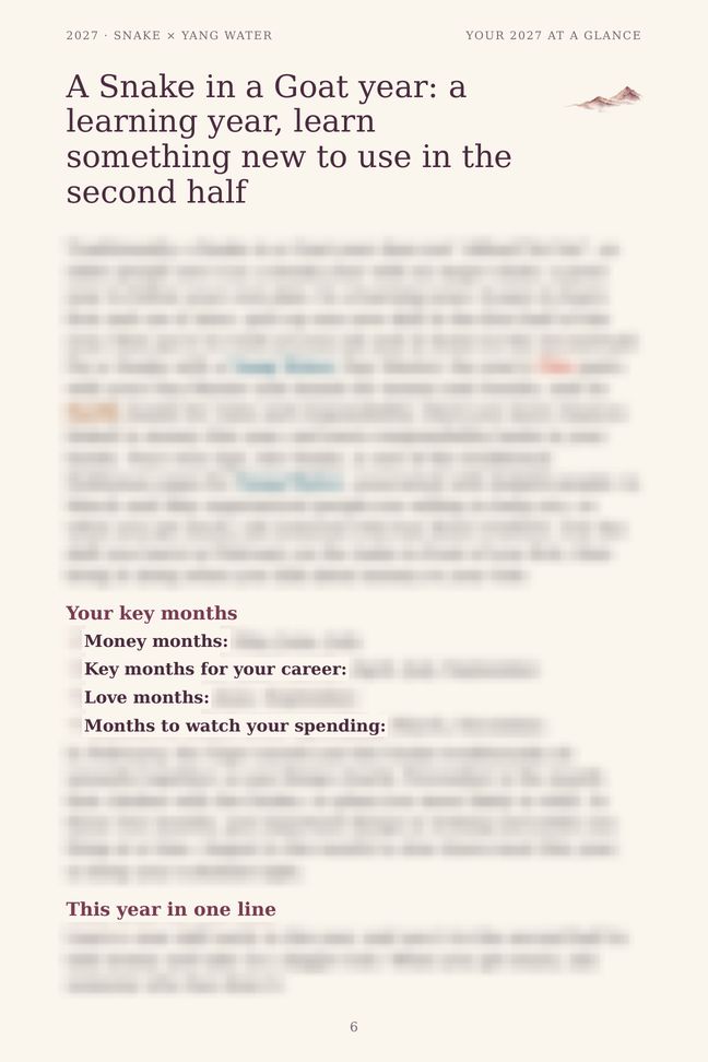Snake 2027 guide sample page: Your 2027 at a glance (details blurred)