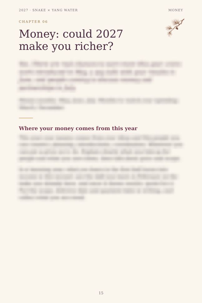 Snake 2027 guide sample page: Money: could 2027 make you richer? (details blurred)