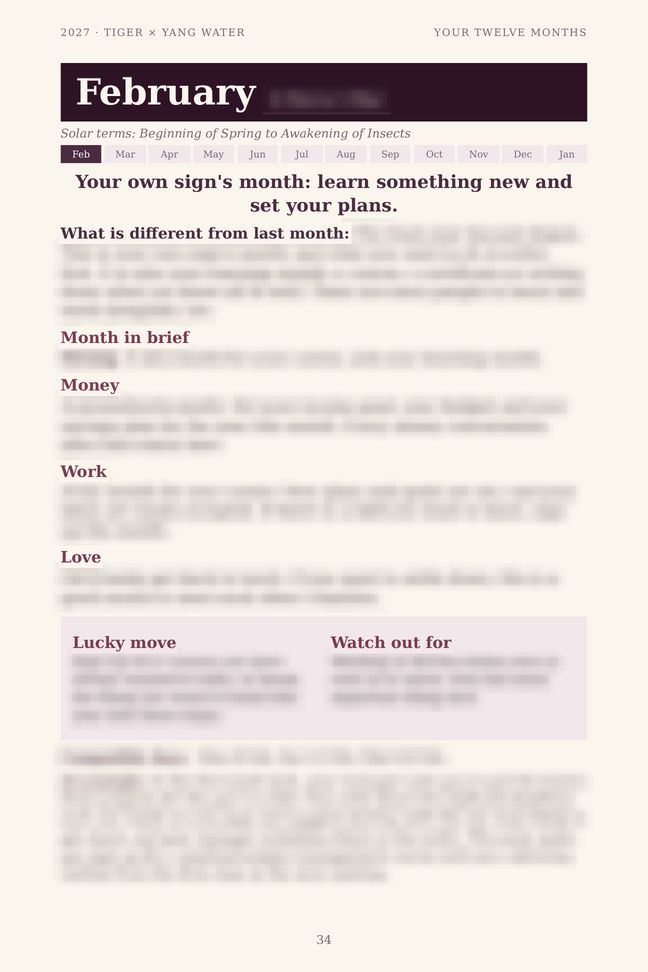Tiger 2027 guide sample page: One page for every month (details blurred)