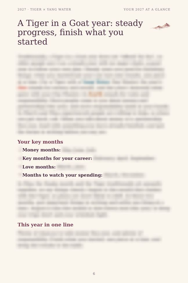 Tiger 2027 guide sample page: Your 2027 at a glance (details blurred)