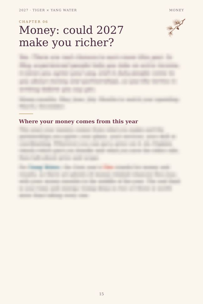 Tiger 2027 guide sample page: Money: could 2027 make you richer? (details blurred)